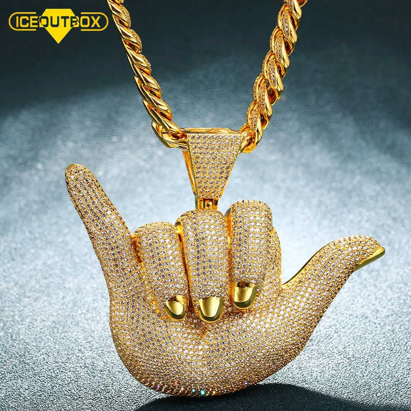 ICEOUTBOX Oversize Hände Anhänger Halskette Voller Rhinstone Kristall Zirkon Rapper Finger Hand Form Für männer Hip Hop Schmuck Geschenk x0707