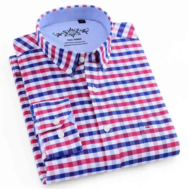 Men's Fashion Long Sleeve Plaid Striped Oxford Shirt Single Pocket Standard-fit Button-down Checkered Outerwear Casual Shirts 210809
