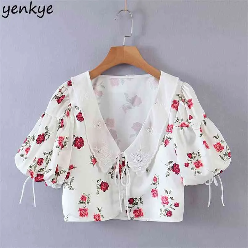 Mulheres Blusa Floral Camisa Sexy profundo V Neck Lanterna Lanterna Moda Crop Top Elegant Senhoras Camisas Plus Size Tops 210514