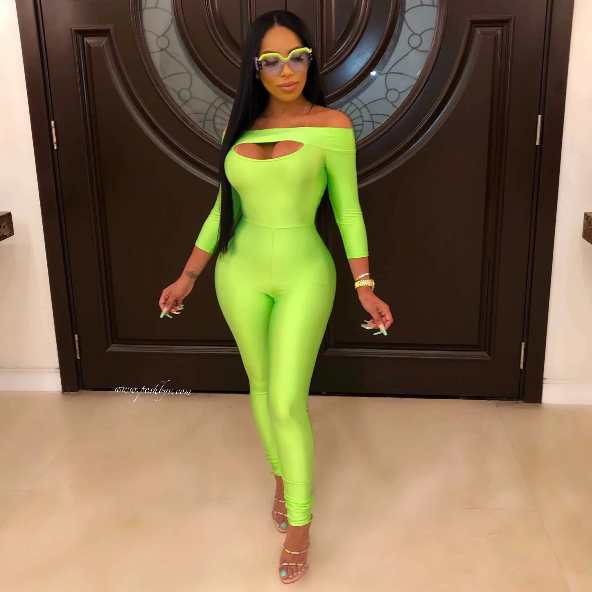 Women Sexy Off the Shoulder Designer Neon GreenBandage Jumpsuit Bodycon High Street Celebrity Party Rompers 210527