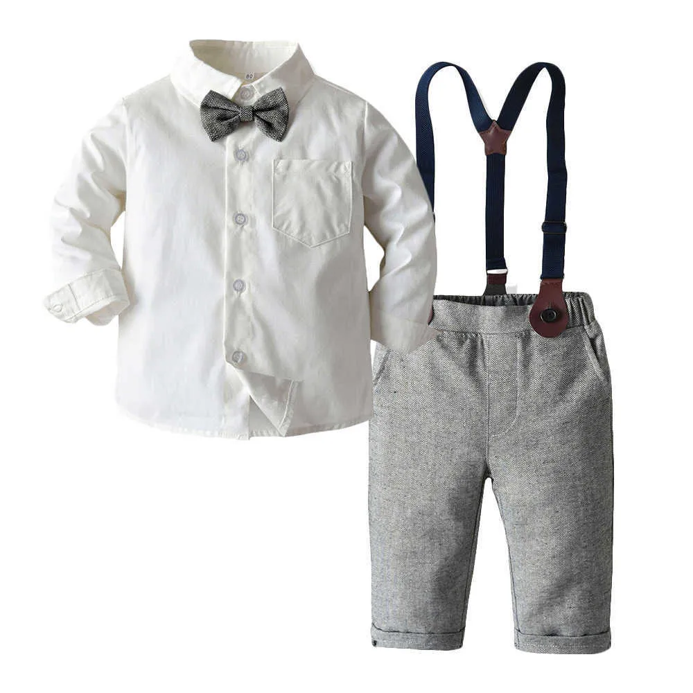 Kinderkleidung für Jungen, Gentleman-Outfits, weißes Hemd + Hose + Trägerhose, 3-teilig, Anzüge für Kleinkinder, Geburtstagskleid, Neugeborene 0–24 m G1023