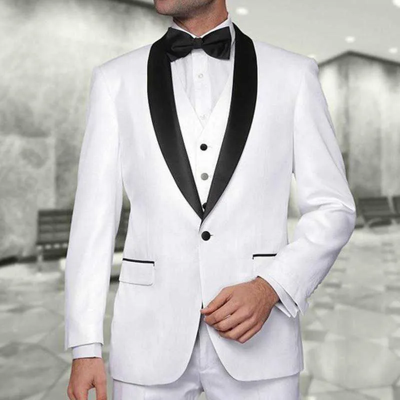 Weißer Hochzeits-Smoking für den Bräutigam mit schwarzem Schal-Revers, 3-teiliges formelles Business-Herren-Anzug-Set, Jacke, Weste mit Hose, männliche Mode, X0909