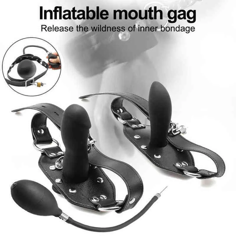 Nxy Adult Toys Guimi Open Mouth Gag Inflatable Penis Plug Oral Dildo Fetish Sm Bondage Restraints Sex Game for Couples 1207