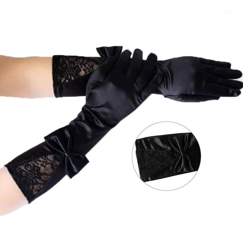 Cinco dedos luvas sexy clubwear festa performance desempenho mulheres preto laço retalhos cetim com acessórios bowknot