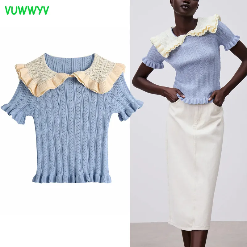 Blauer Kontrast stricken Rüschen Top Frauen Sommer Elegante schlanke geschnittene gerippte Jersey Blusen Frau Kurzarm Streetwear 210430