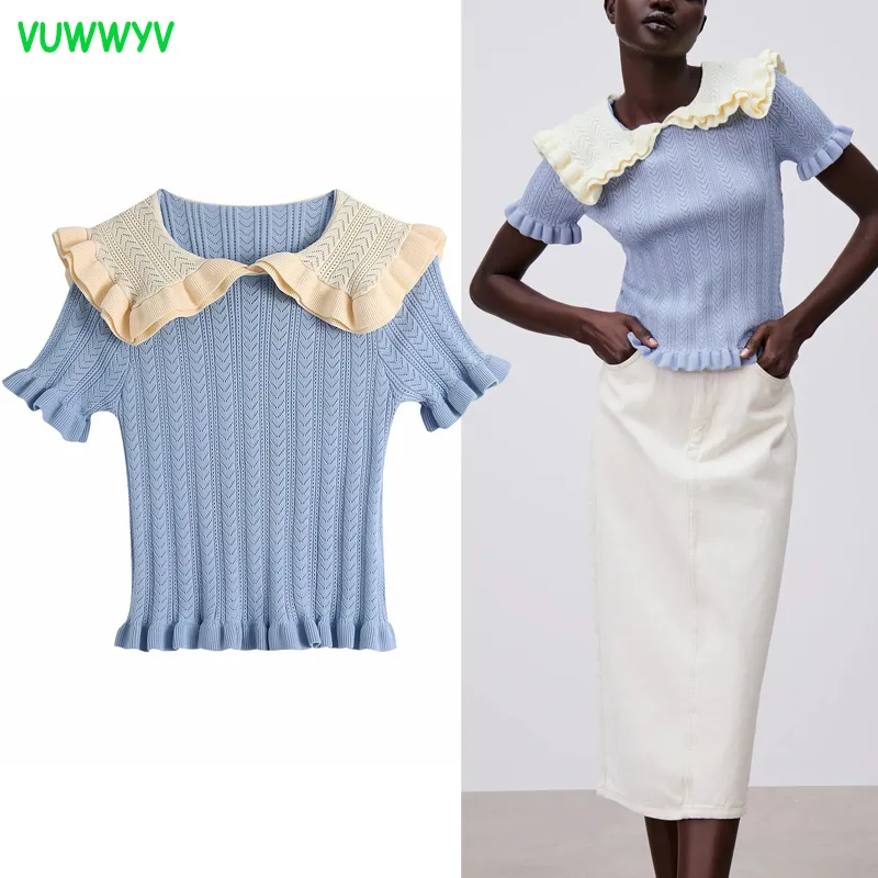 Blue Contrast Knit Ruffle Top Women Summer Elegant Slim Cropped Ribbed Jersey Blouses Woman Short Sleeve Streetwear 210430