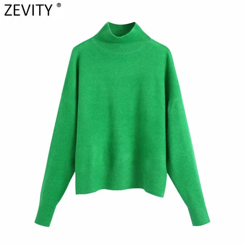 Zevity Femmes Simplement Col Montant Solide Vert Couleur Casual Pull À Tricoter Femme Chic De Base À Manches Longues Pulls Marque Tops SW900 211221