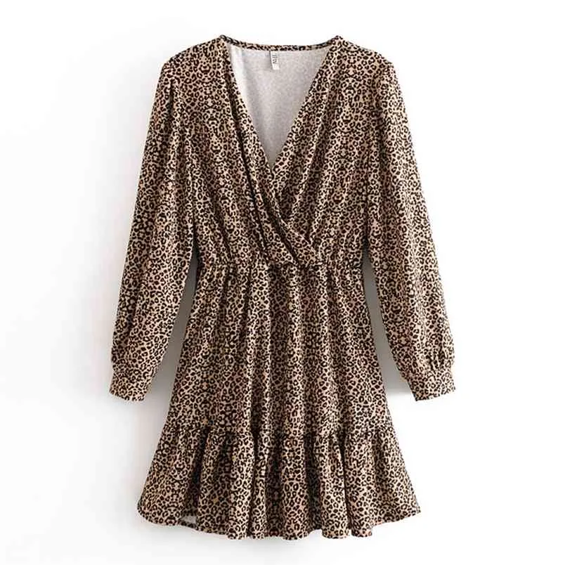 Vintage Leopard Printed Pleated Dresses Women Fashion Cross V-Neck Dress Elegant Ladies Long Sleeve Mini 210531