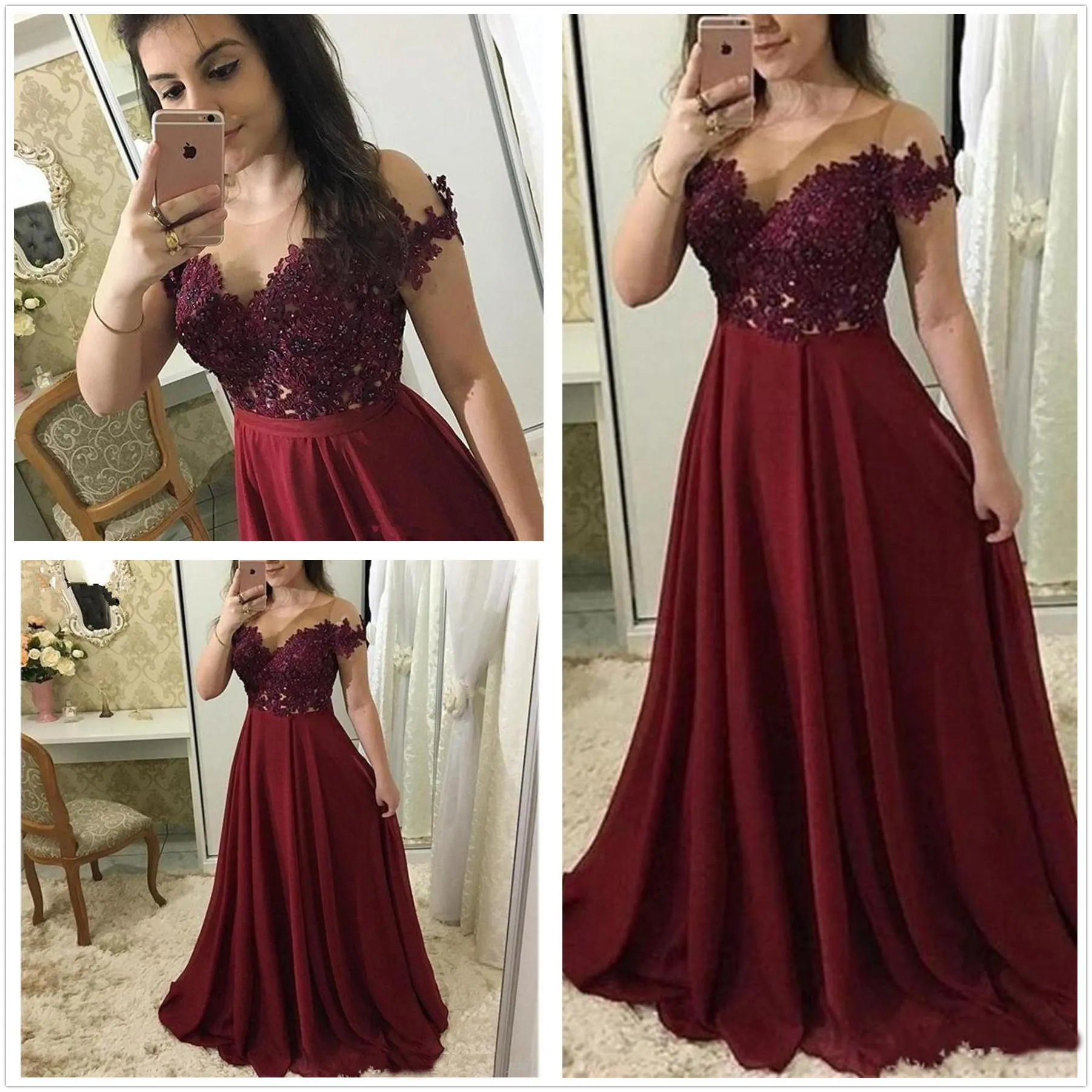 Robes de bal bordeaux 2021 longue Illusion décolleté manches courtes dentelle appliques robes de soirée longue en mousseline de soie robe d'occasion spéciale