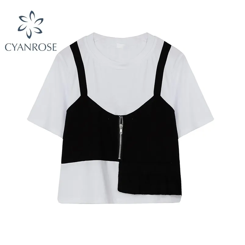 Sommar mode koreanska oregelbundna design kvinnor toppar o nacke kortärmad väst patchwork tee lady fake 2 stycke set t-shirts 210515