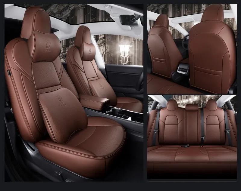 Autozubehör Sitzbezug für Tesla Modell Y / S Hohe Qualität Leder benutzerdefinierte Fit 5 Sitze-Kissen 360-Grad Full deckter Modell3 (nur gemacht Tesla) 9pcs set rot