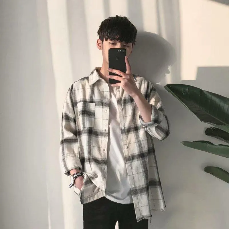 남자 캐주얼 셔츠 남자 힙합 격자 무늬 2021 남자 한국 패션 스트리트웨어 흰색 셔츠 느슨한 빈티지 대형 의류