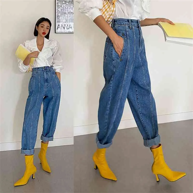 ハイウエストジーンズ女性のハーレムパンツ韓国風の衣装カジュアルハイストリートデニムズボンPantalon Femme Vintage Jeans 210623