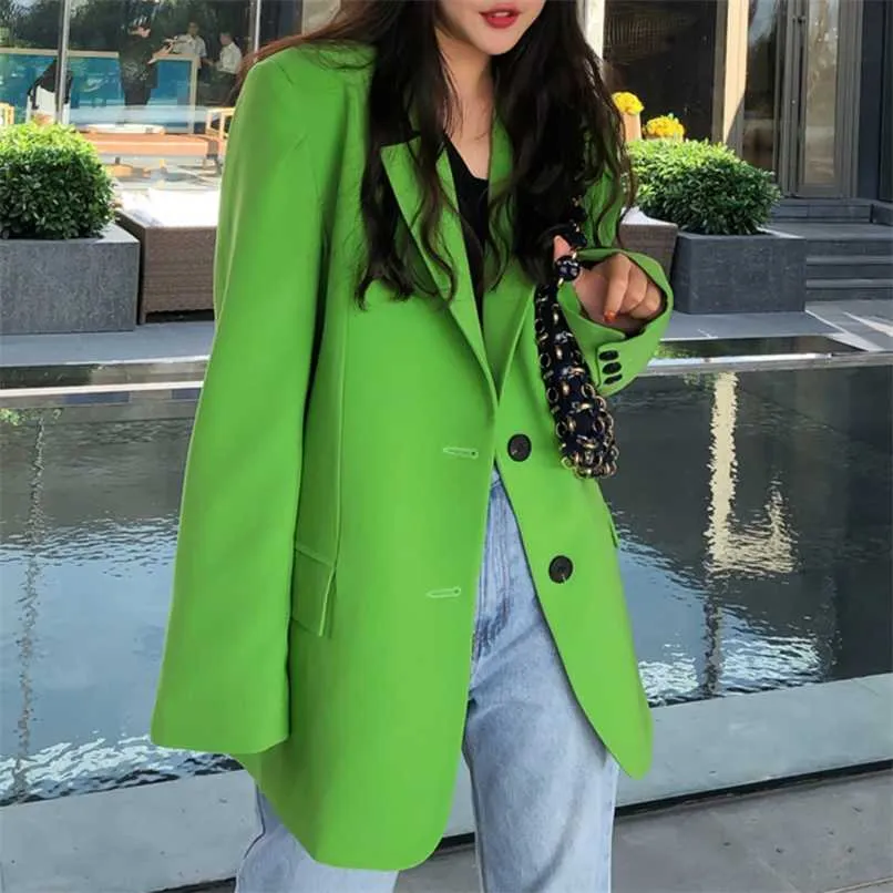 [EWQ] Autumn Notched Single-breasted Green Full Loose Suit Fashion Big Pocket Coat High quality office lady blazer 210930