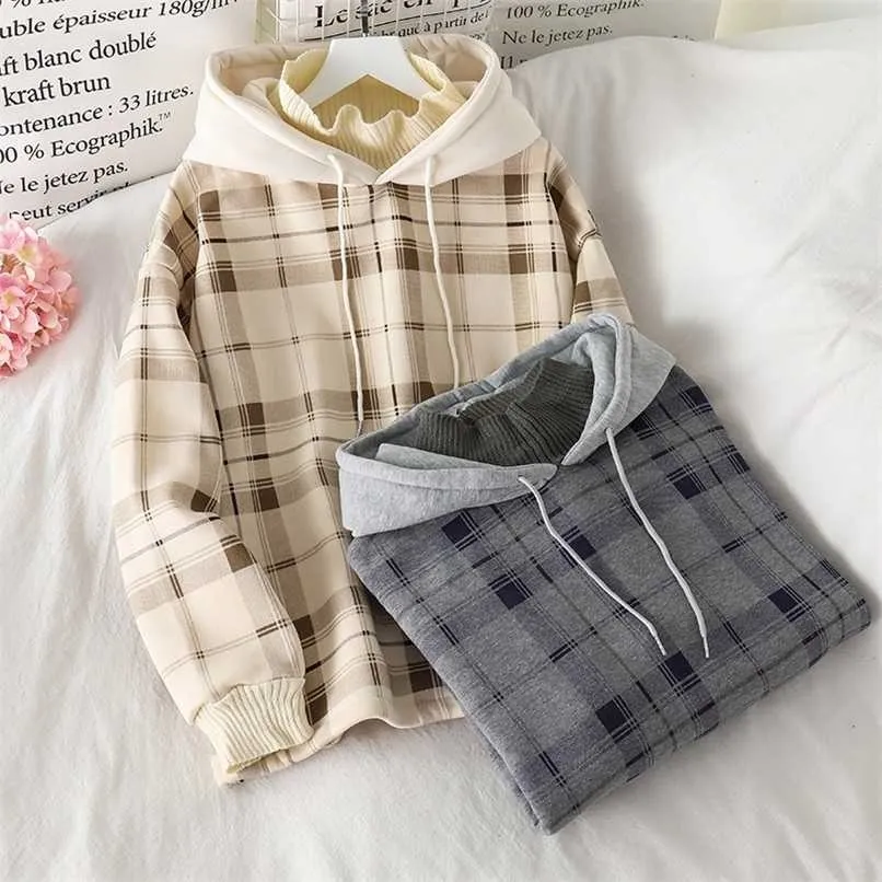 Women Fleece Hoodies Sweatshirt Winter Plaid Pirnted Cotton Hooded Sweatshirt Casual Loose Hooded Pullover Oversize Jacket 211206