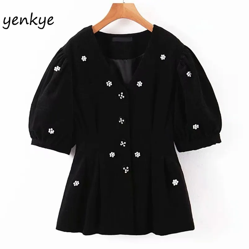 Femmes Mode Faux Perle Appliques Corduroy Tops Femme V Cou Puff Manches Vintage Blouse Noire LJPZ9194 210514