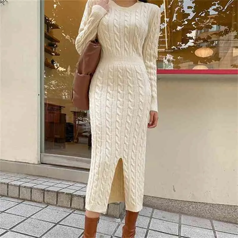 Осень зима вязаный свитер платье женщины MIDI свободный рукав шикарный корейский вязать поворот узор Vestidos Robe Femme 210603