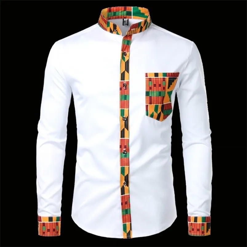 Heren hipster afrikaanse dashiki tribal grafische patchwork shirts slim fit lange mouwen mandarijn kraag shirt camisas mannen kleding 210721