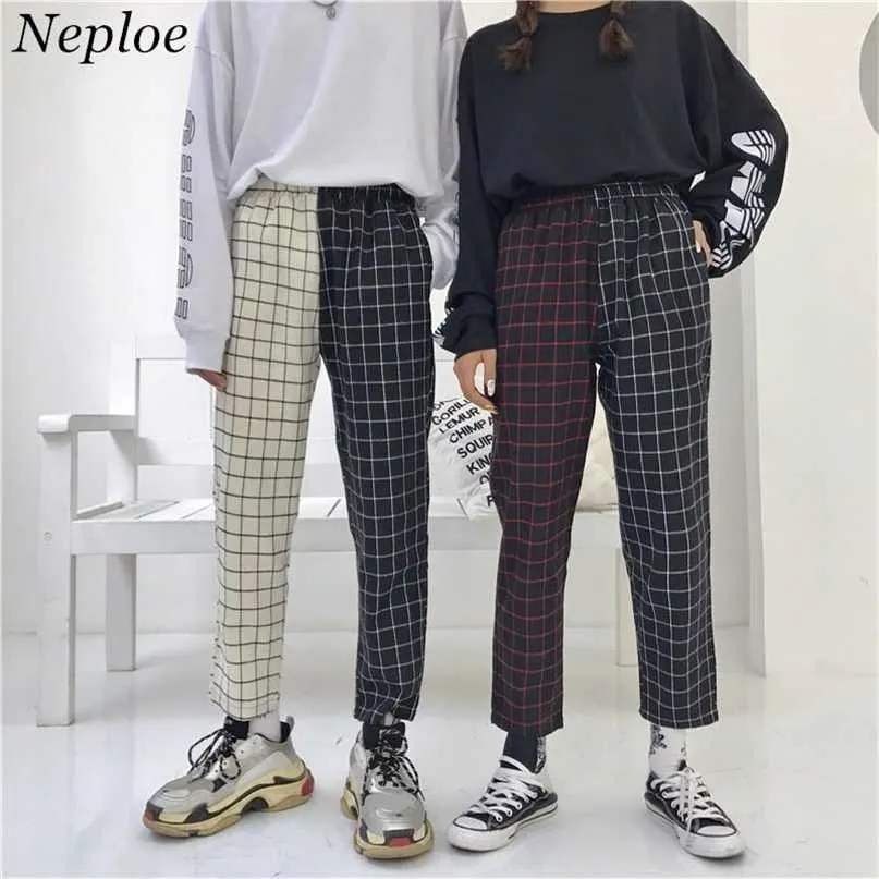 Neploe vintage plaid patchwork broek harajuku vrouw man broeken elastieken hoge taille Koreaanse causale rechte schaakbord 211115