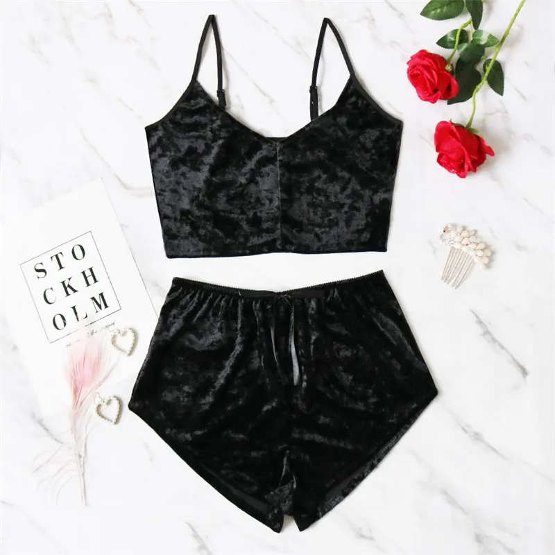 Mulheres Sexy Velvet Pijama Define as mulheres de renda de renda em V tops shorts shorts lingerie de lingerie