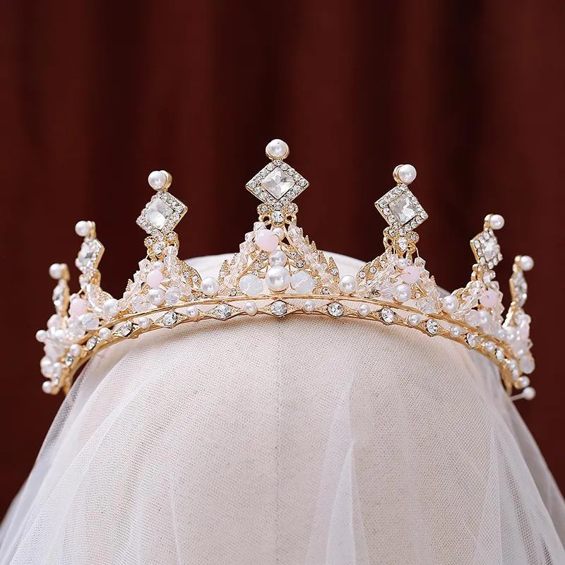 Baroque Pink Crystal Beads Pearl Bridal Tiaras Crown Rhinestone Pageant Diadem Headband Wedding Hair Accessories Tiara De Noiva Clips & Barr