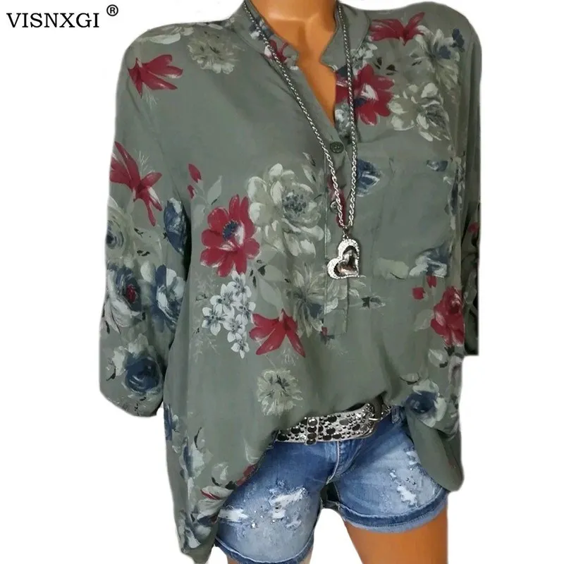 Visnxgi Kobiety Moda Elegancka Koszula Office Kobieta Kwiatowy Print Z Długim Rękawem Bluzka V Neck Shirt Ladies Party Top Blusas Plus Size X0521