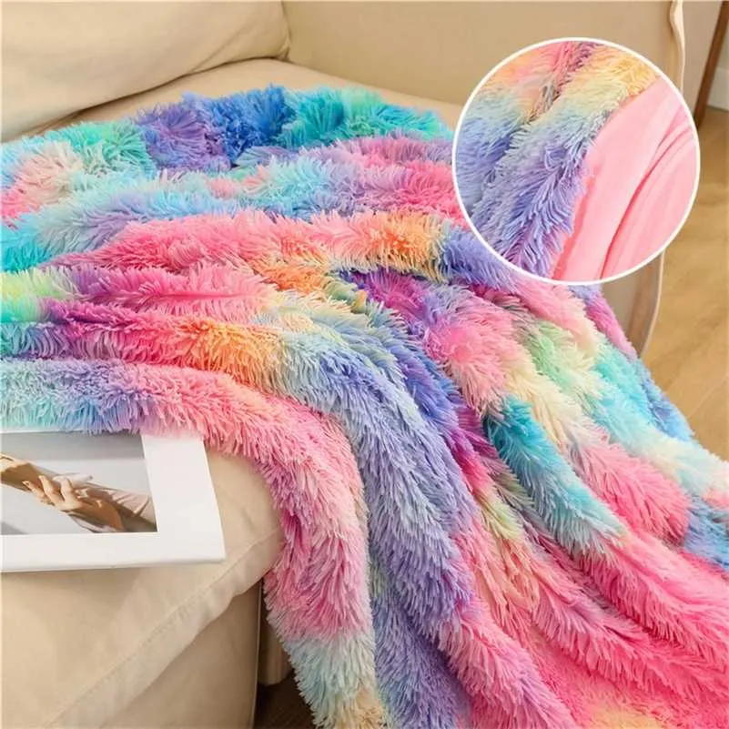 Double Layer Blanket Winter Cozy Warm Long Plush Rainbow Throw Blanket For Sofa Bed Colorful Furry Fluffy Tie Dye Bedspread 211227