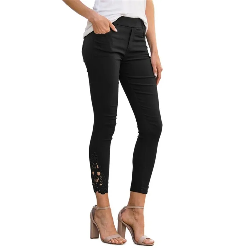 İlkbahar Sonbahar Kadın Bodycon Pantolon Streetwear Kalem Dantel Siyah Yüksek Bel Leggin Rahat Pantolon Kadın Giyim için 211204