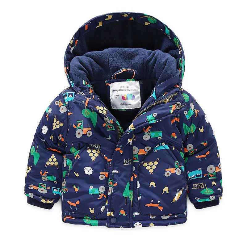 Cold Winter 2-7 8 9 10 Years Wadded Cotton Padded Thickening Plus Velvet Hooded Cartoon Car Jacket Coat For Kids Baby Boys 210529