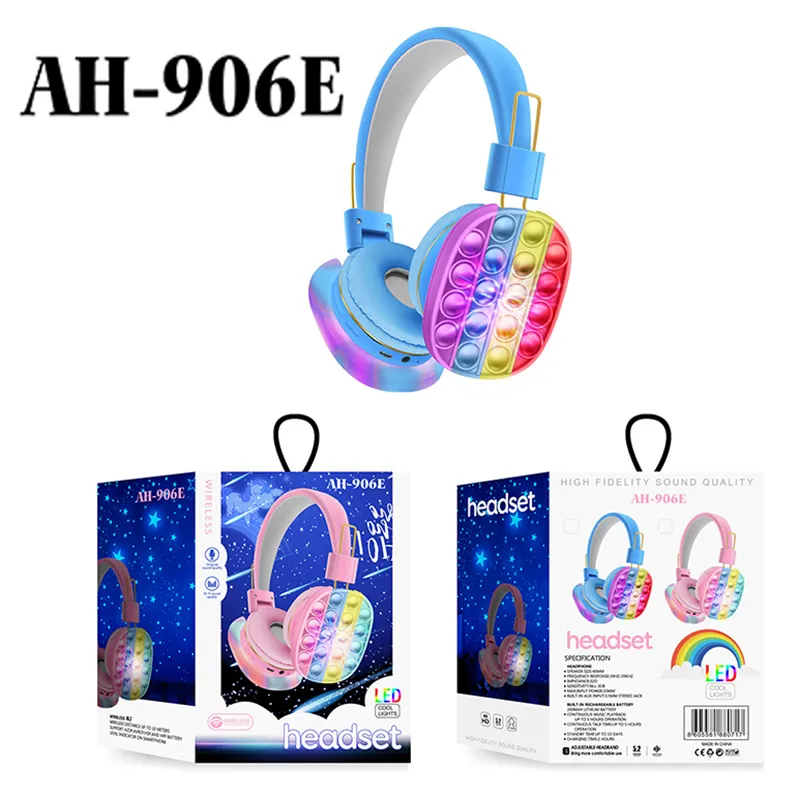 AH 906E Popping it Headphones Cute Cartoon Rainbow Earphones Gaming Bubble Bluetooth Stereo Headset with LED Light