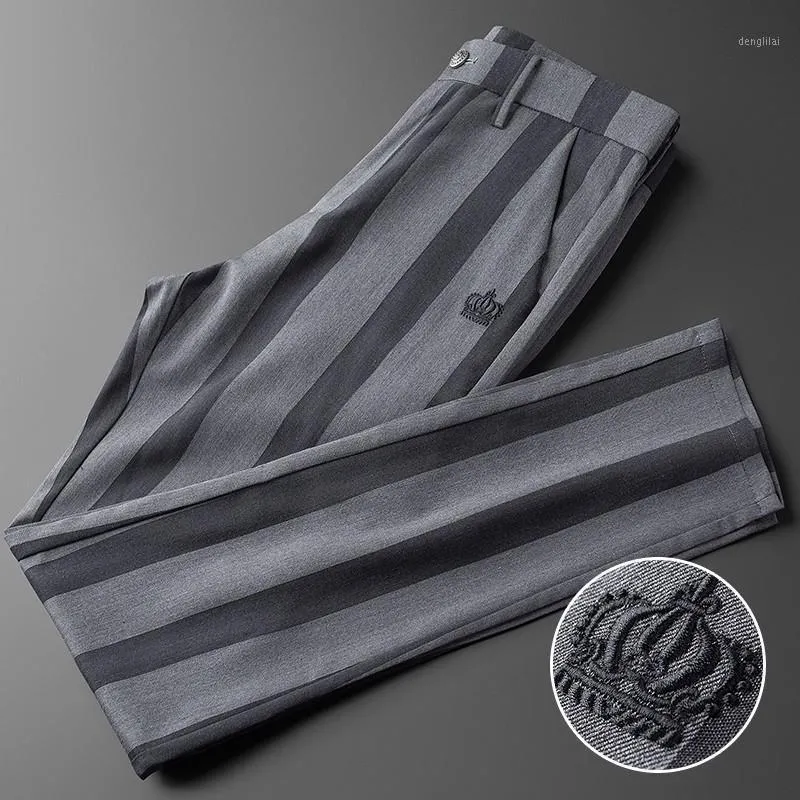 Men's Pants 2021 Spring Grey Man Luxury Crown Embroidered Vertical Stripe Trousers Slim Fit Business Casual Male 40