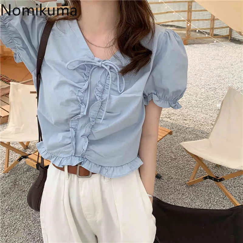 Nomikuma Camisa Branca Mulheres Cor Sólida Verão Estilo Francês V Neck Slow Sleeve Crop Top Coreano Blusa de Estilo Câmeras 210514