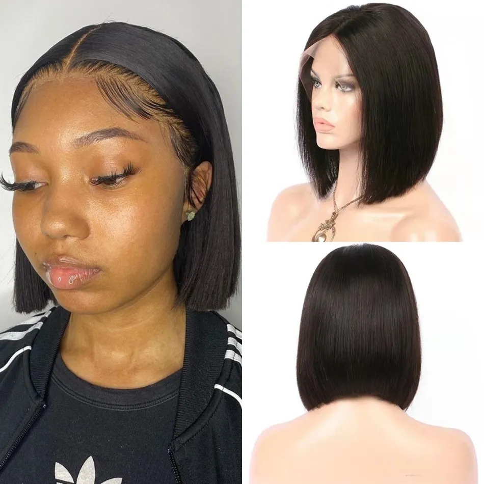 Бразильский прямой боб парики с детскими волосами 150% 13x4 короткие человеческие волосы кружевные парик для чернокожих женщин