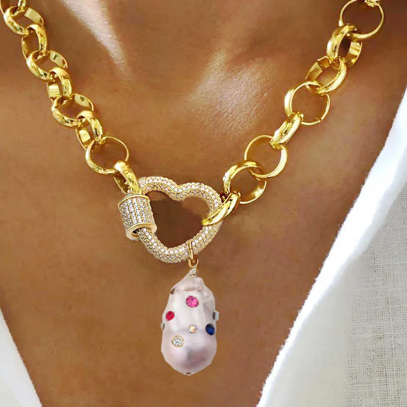 Creatieve luxe AAA Cubic Zirconia Hart Charm Clasps Accessoires Necklace Baroque Fresh Water Pearl Pendants Sieraden Componenten X0707