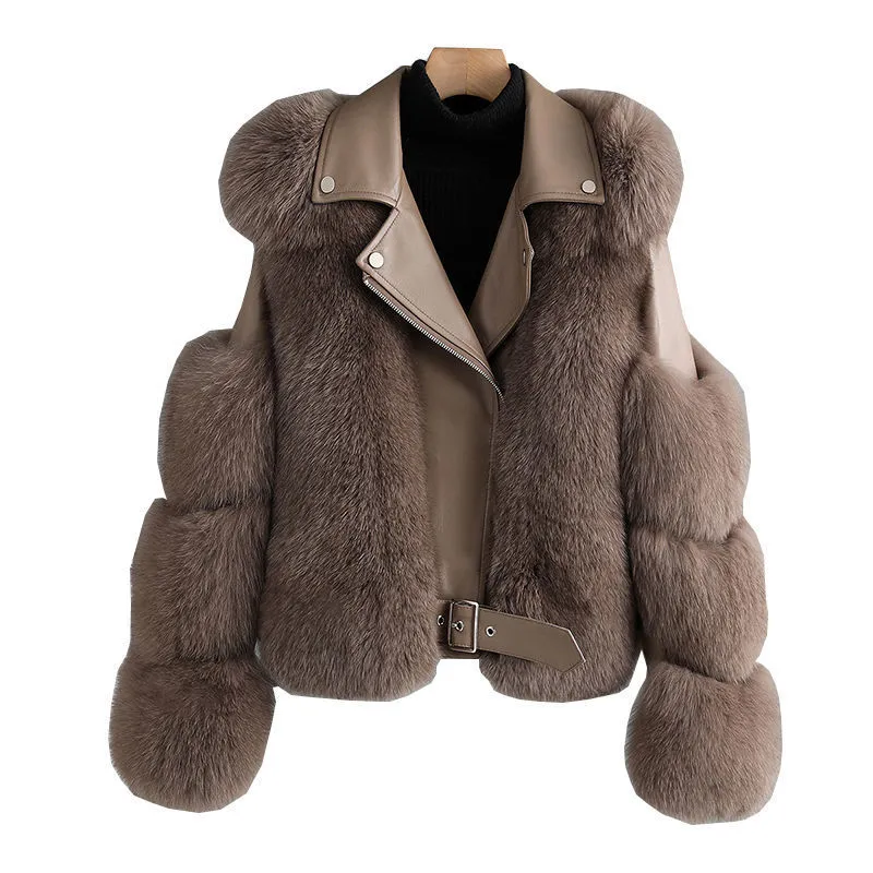 Faux Fox Fur Winter Fashion 2022 Nowy Motocykl Styl Luksusowe Skórzane Kurtki Kobiety Modne płaszcze
