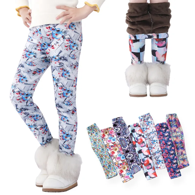 Kids Leggings Wholesale Winter Printing Thick Warm Skinny Pants Girls Plus Velvet Thermal Children Tights M3864