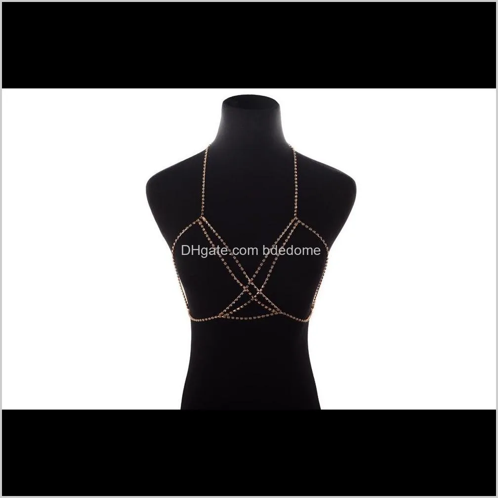  shipping sexy bohemian beach necklace multilayer cross body chain hollow diamond chain bikini chest chain