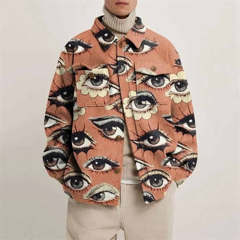 ヒップスターの男性ターンダウンカラーシャツ秋のファッション抽象印刷された太いシャツメンズカーディガントップカジュアルストリートウェア220215