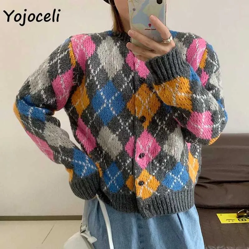 Yojoceli Geometryczna Plaid Dzianina sweter Cardigan Kobiety Okrągły Neck Casual Loose Jumper Odzieży Wierzchniej Streetwear 210609