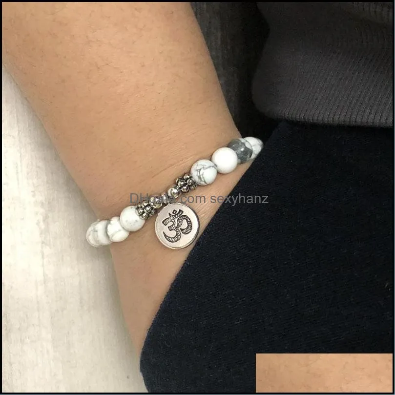 Tennis Men Women Mala OM Bracelets Lotus Buddha Yoga Charm Wrist Howlite Beaded Boho White Jewelry