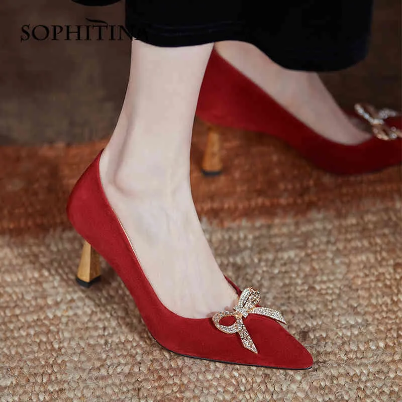 Sophitina Zamszowe Ladies High Heels Bow Elegancka Party Kobiet Buty Solidne Kolor Szpiczasty Toe Kobiet Buty Ręcznie AO159 210513