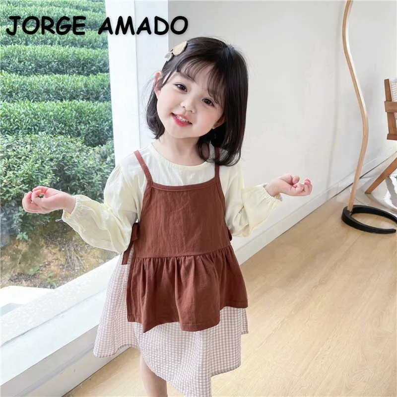 Spring Baby Girl Set da 2 pezzi T-shirt maniche lunghe beige + Sling Ruffles Plaid Dress Abbigliamento per bambini E6035 210610