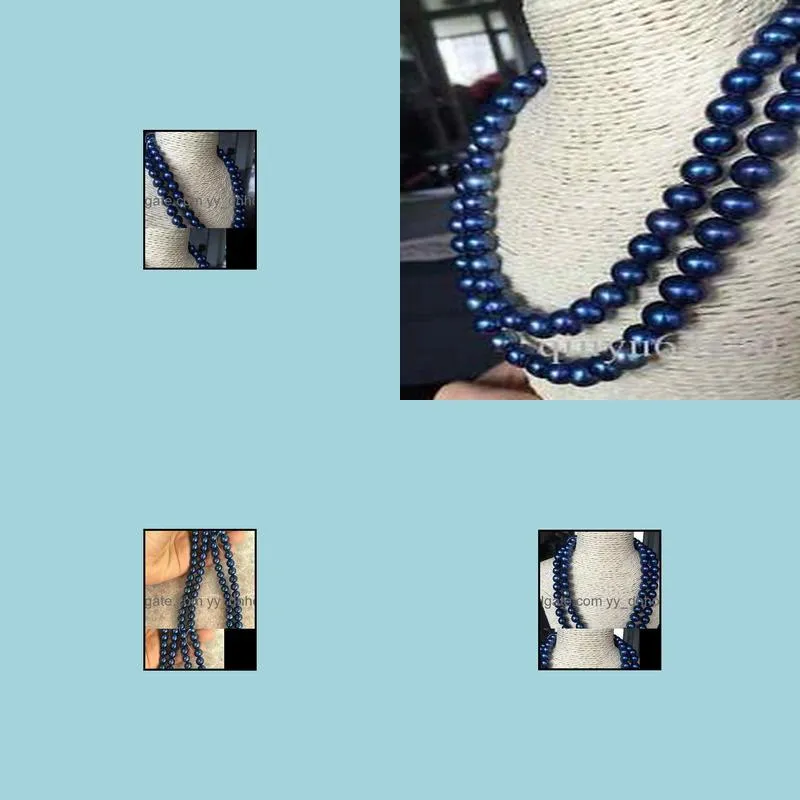 Double Strands 9-10mm Tahitian Blue Round Pearl Necklace 18inch 19inch 14k Gold Clasp