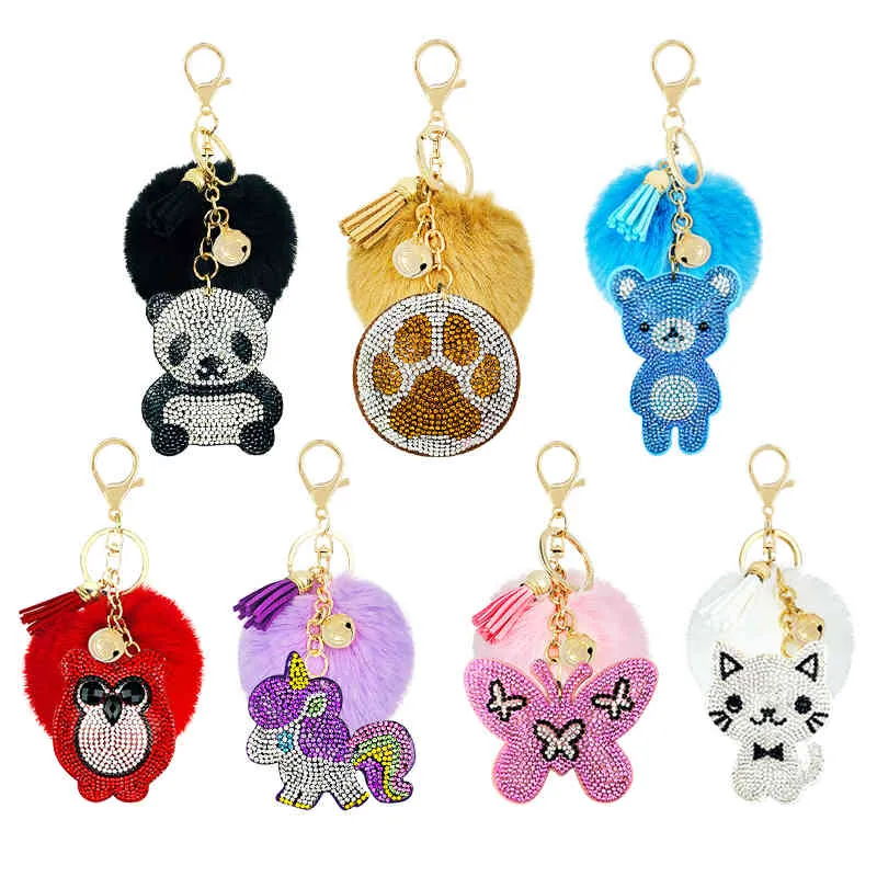 31-Färg Creative Gift Rhinestones Flannel Hair Ball Key Clasp Unicorn Butterfly Little Bear Cartoon Animal Accessories