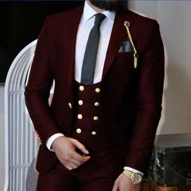 2021 Hot Burgundy 3 stycken Män Passar Slim Fit Bröllop Grooms Tuxedos One Knapp Formell Prom Business Suit (Jacket + Pants + Vest) x0909