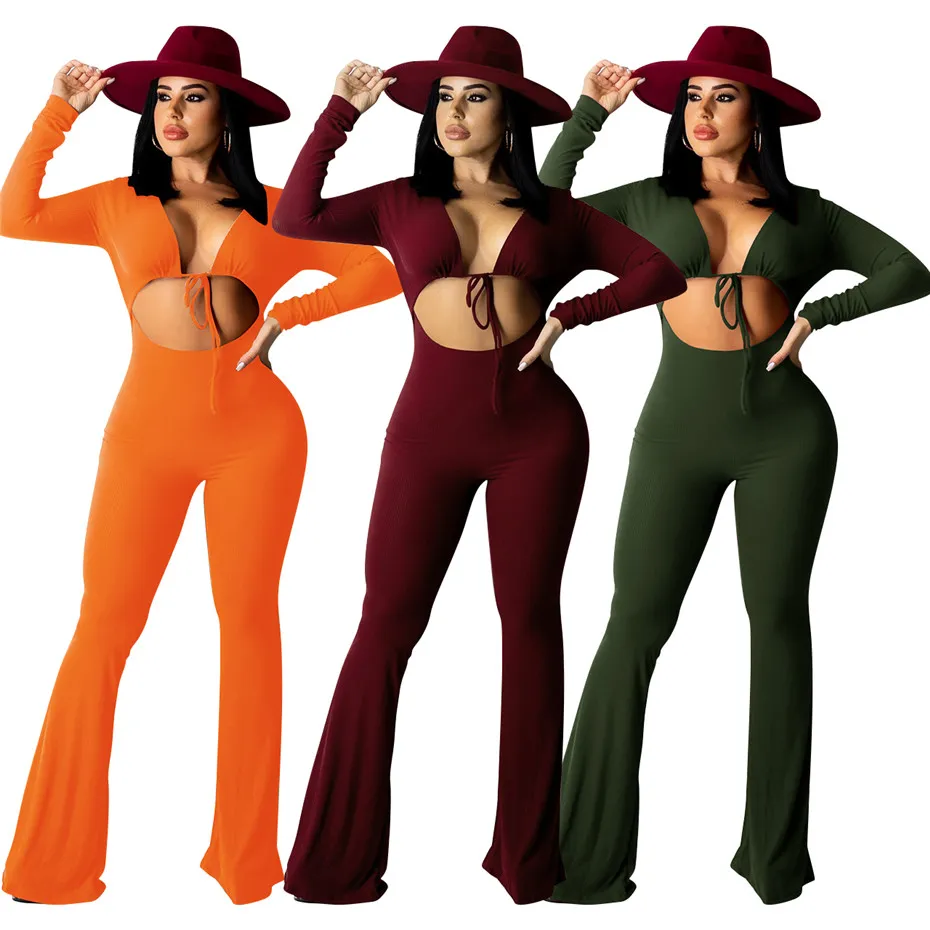 Women Sexy Flare Jumpsuit Long Sleeve Bind Rompers Elegant Fashion Slim Pullover Comfortable Clubwear Overalls K7783