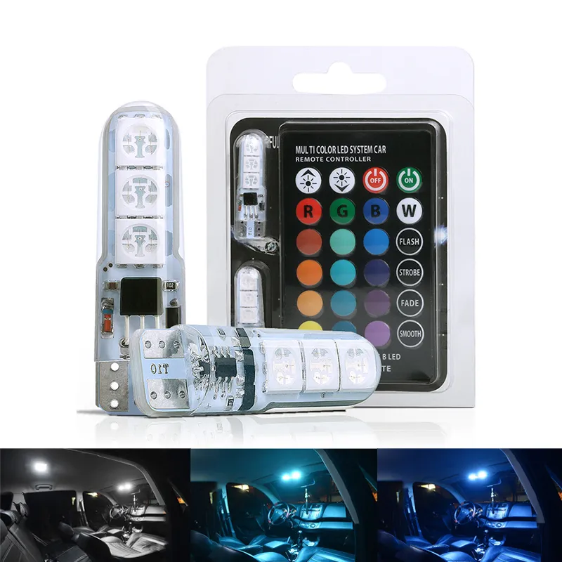 2pcs RGB T10 W5W LED 194 168 5050 6SMD 자동차 돔 독서 가벼운 자동차 웨지 램프 플래시 스트로브 LED 전구 원격 컨트롤러