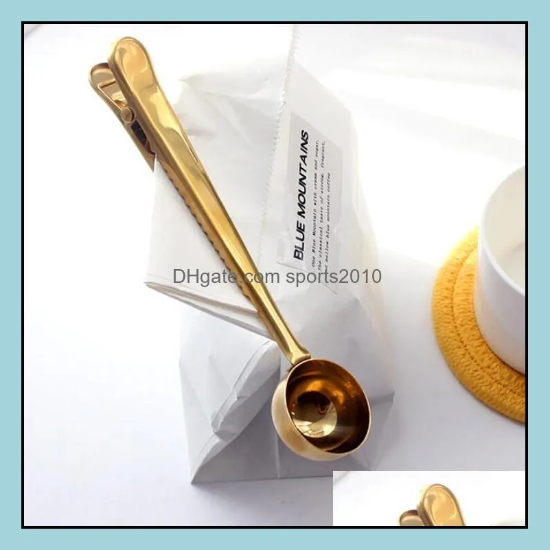 Gold Stainless Steel Coffee Scoop Multi-functional Bag Sealing Clip Ground Coffee Spoon Drinkware Tools free shipping LX1563
