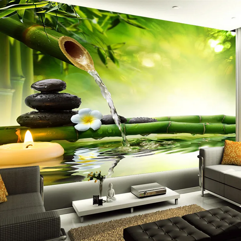 Papel tapiz con foto 3D personalizado sala de estar TV telón de fondo verde bambú fluyendo agua paisaje natural decoración interior pintura de pared