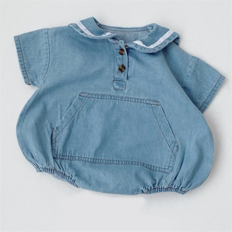 Barboteuse en jean à manches courtes d'été avec poches col bleu marine body bébé fille vêtements garçon 210528